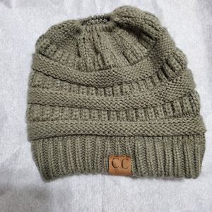 C.C Cable knit beanie, top hole for ponytail or bun, GUC, Olive Green